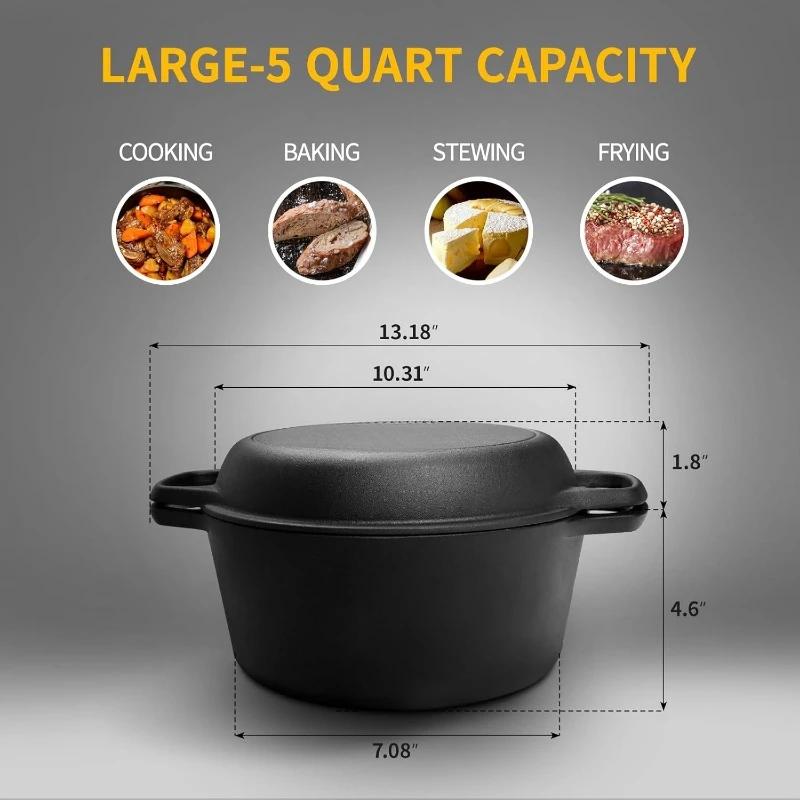Four en fonte hollandaise pré-assaisonné 2 en 1, friture, cuisson, camping, barbecue, maison, 5QT