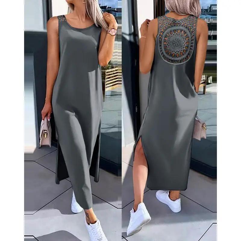 Robe d'été sans manches, ajourée, Sexy, ample, mode, fente unie, robes décontractées, col rond, mi-l