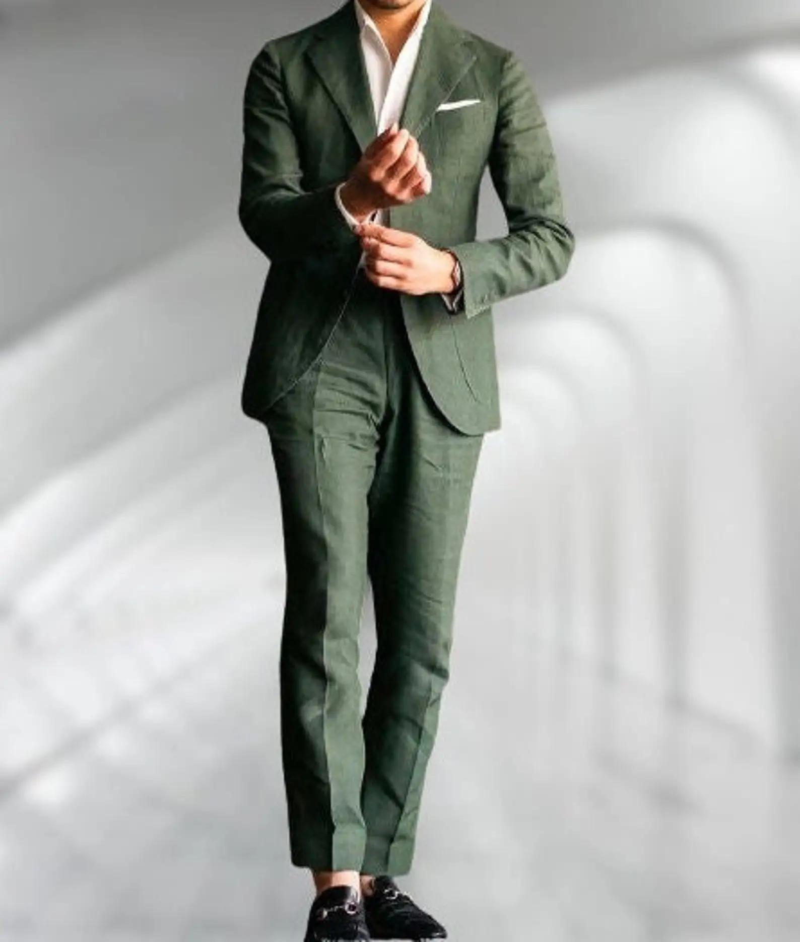 Costume en Lin Vert pour Homme, Smoking de Mariage, Ensembles de Blazers à la Mode, sur Mesure, Deux