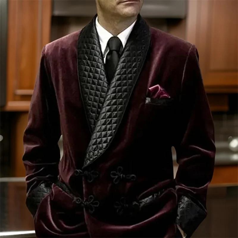 Veste longue en velours avec boutons mandarins pour homme, blazer d'affaires décontracté, revers châ