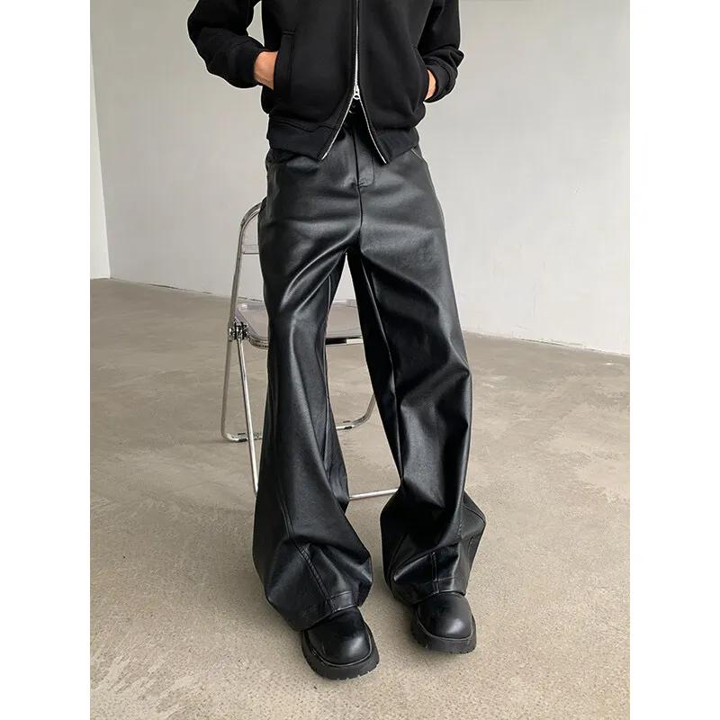 Pantalons en cuir PU pour hommes, Punk américain, mode Hip Hip, jambes larges, coupe-vent, marron fo