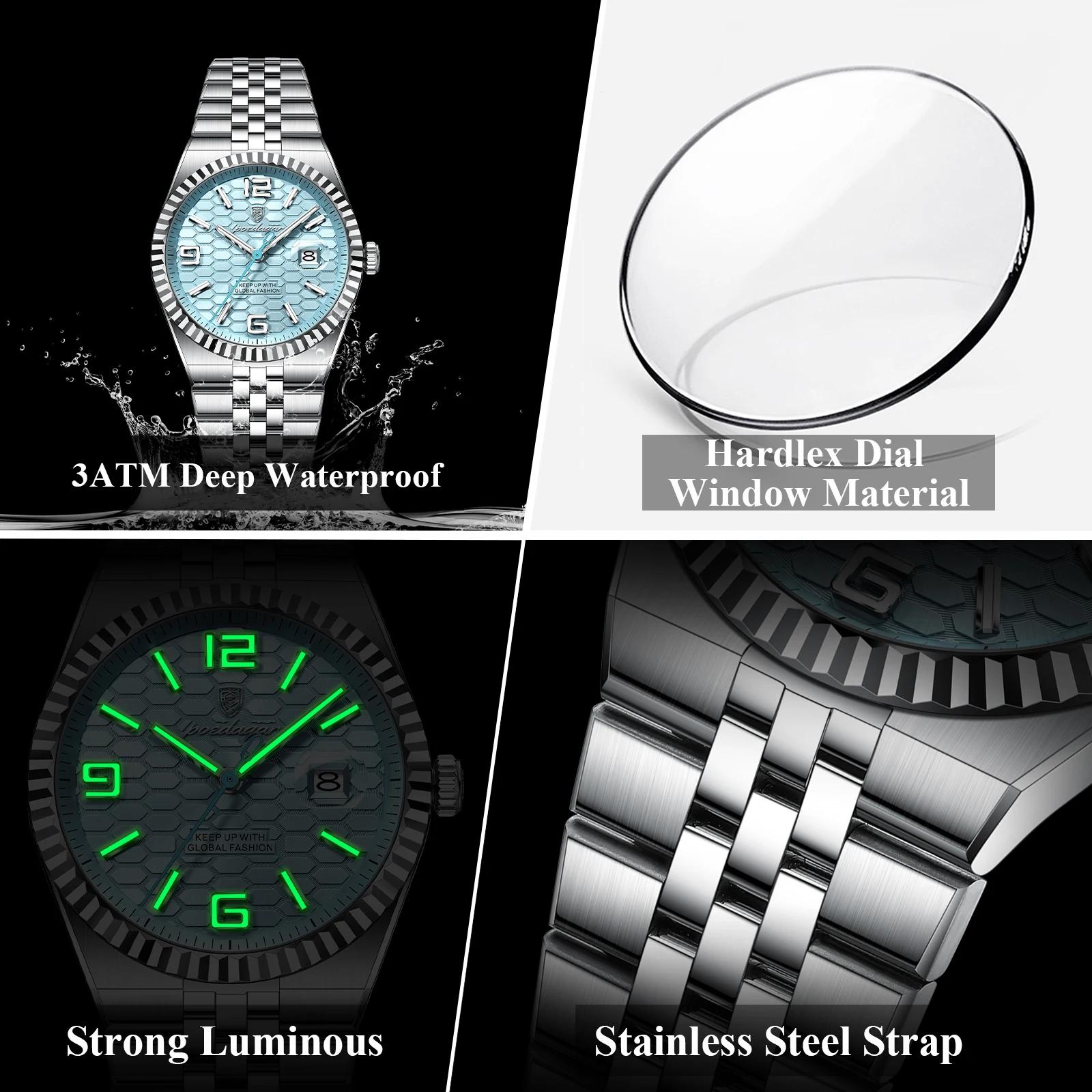 POEDAGAR haute qualité originale montre pour hommes étanche lumineux en acier inoxydable calendrier