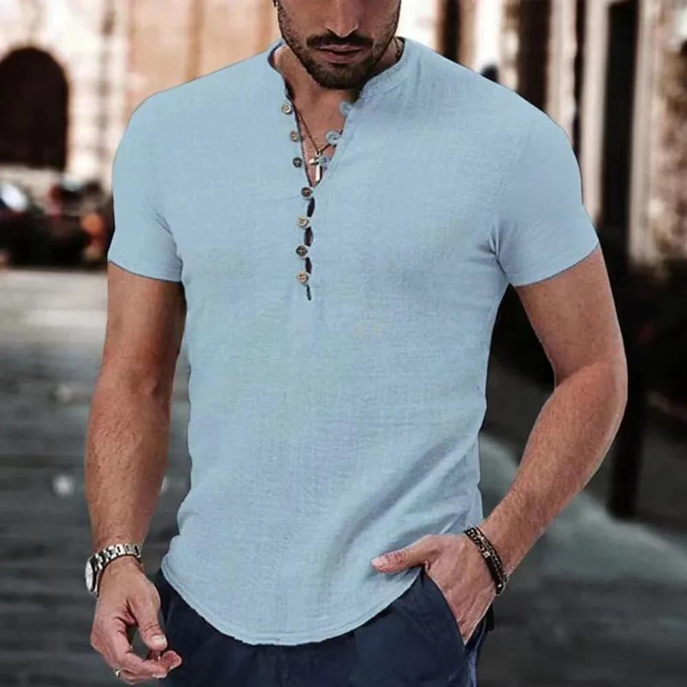 T-shirt à manches courtes pour hommes, chemise boutonnée en coton et lin, vêtements décontractés pou