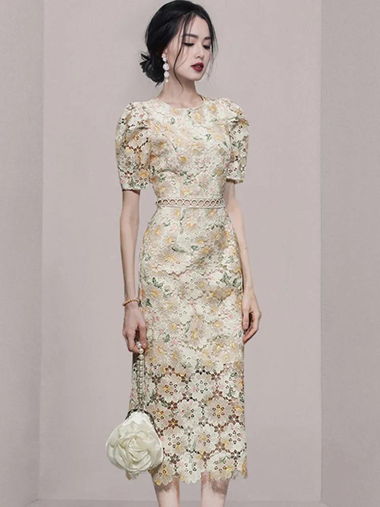 SMTHMA-Robe ajourée en dentelle brodée pour femme, manches courtes, vêtements féminins élégants, nou
