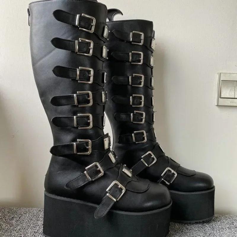 Femmes bottes Cosplay dames talon haut plate-forme compensées femmes bottes hautes gothique boucle s