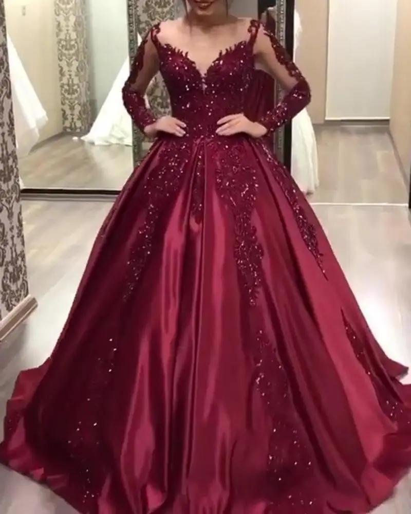 Robe de soirée élégante à manches longues et col en V pour femmes, robes de mariage, fête de fiançai