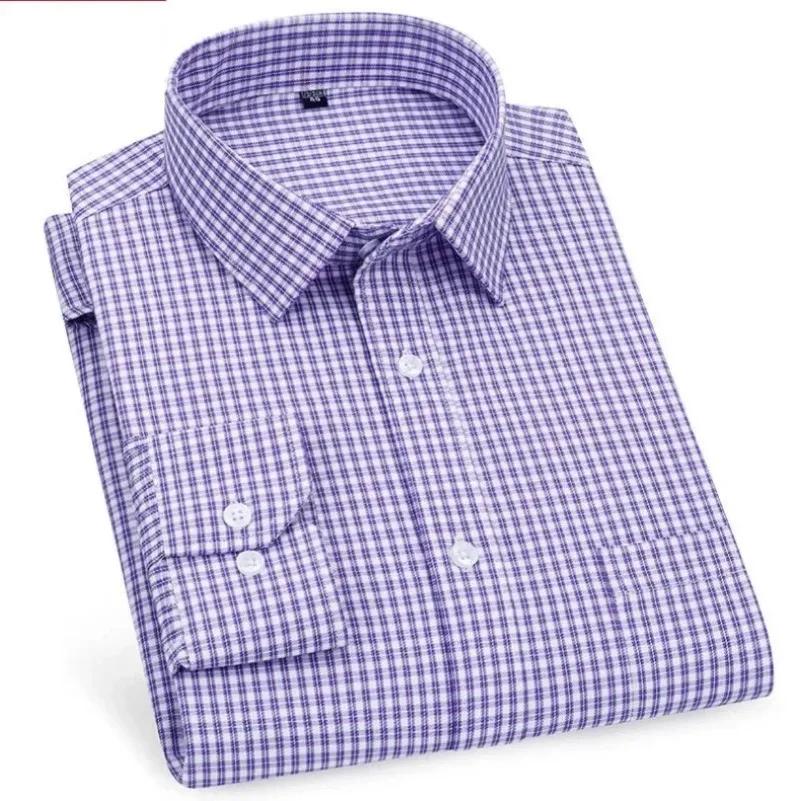 Chemises décontractées pour hommes, violet bleu, coton, coupe classique, manches longues, à carreaux