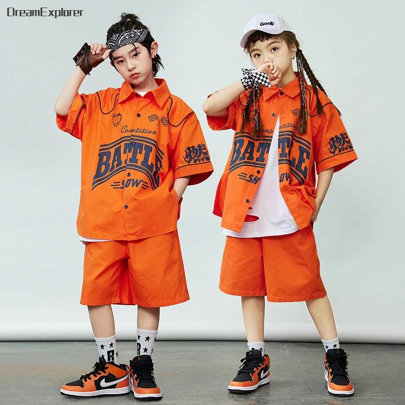 Chemise orange à manches courtes pour garçons et filles, ensembles de vêtements Hip Hop, shorts de d