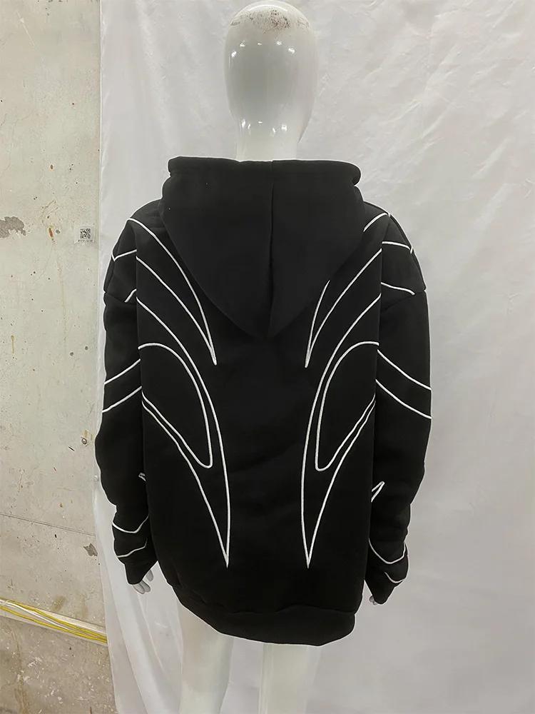 Rue rétro mode vêtements rayé brodé noir Double fermeture éclair à capuche américain Hip-hop Punk su