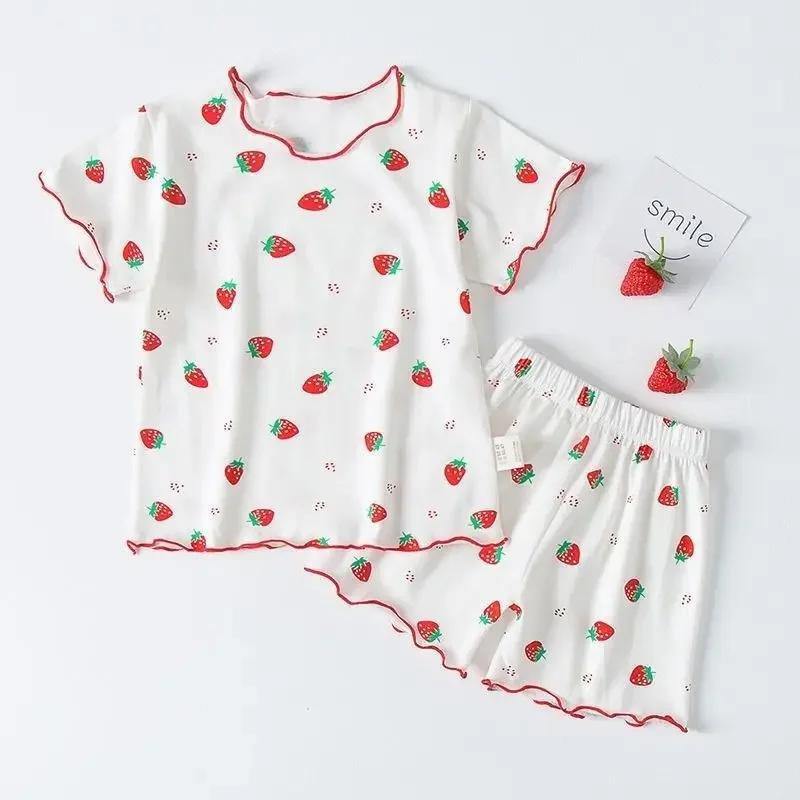 Ensemble pyjama d'été pour filles, imprimé fraises, short et t-shirt pêches roses, vêtements d'intér