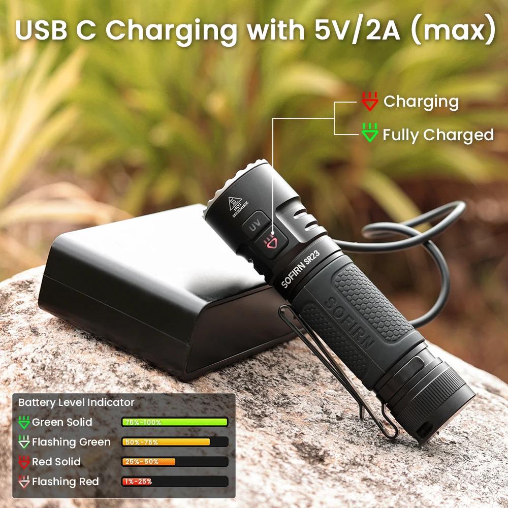 SOFIRN SR23 lampe de poche double lumière 3300lm projecteur blanc et 365nm lumière UV 21700 USB C la