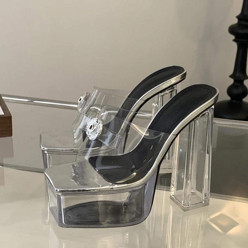 Eilyken-Pantoufles à plateforme en cristal argenté transparent pour femmes, sandales à talons carrés