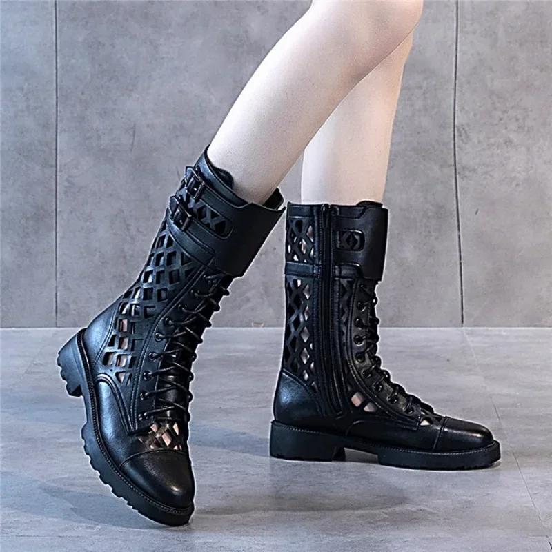 Bottes d'été en maille noire creuse pour femmes, talon moyen, grandes bottes cool, sandales européen