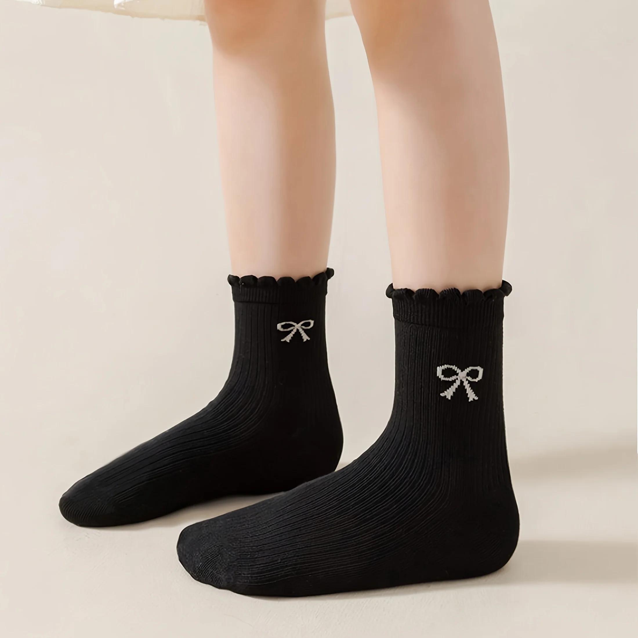 3 paires de chaussettes pour enfants de couleurs mélangées aléatoires avec motifs de nœuds en dentel
