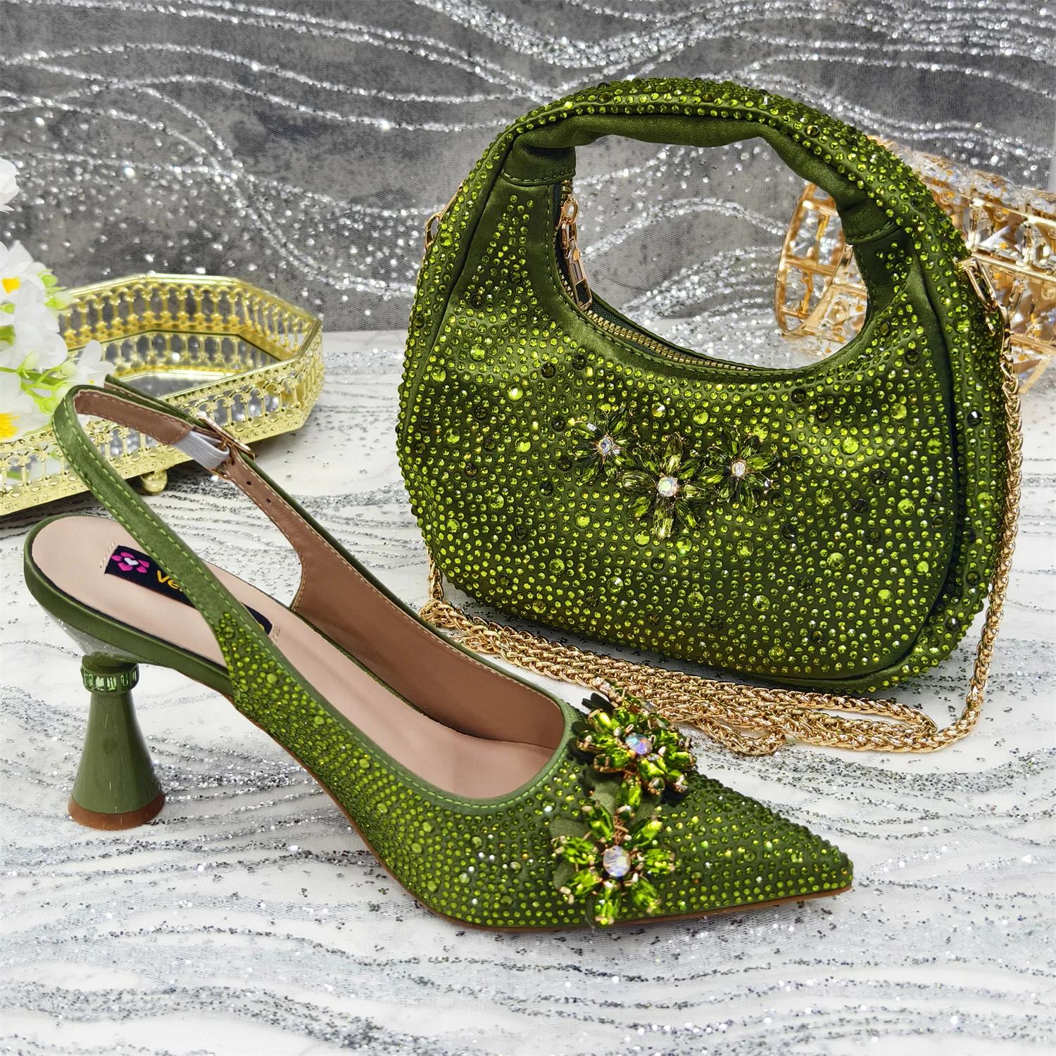 Venus Chan-Sac à main pointu vert olive pour femme, chaussures et sacs à talons hauts, soirée biscui