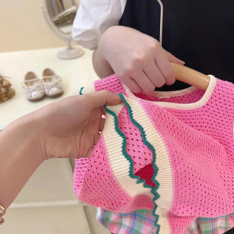 Ensembles de vêtements pour filles, ensemble d'été coréen rose tricoté fin pour filles, gilet ajouré