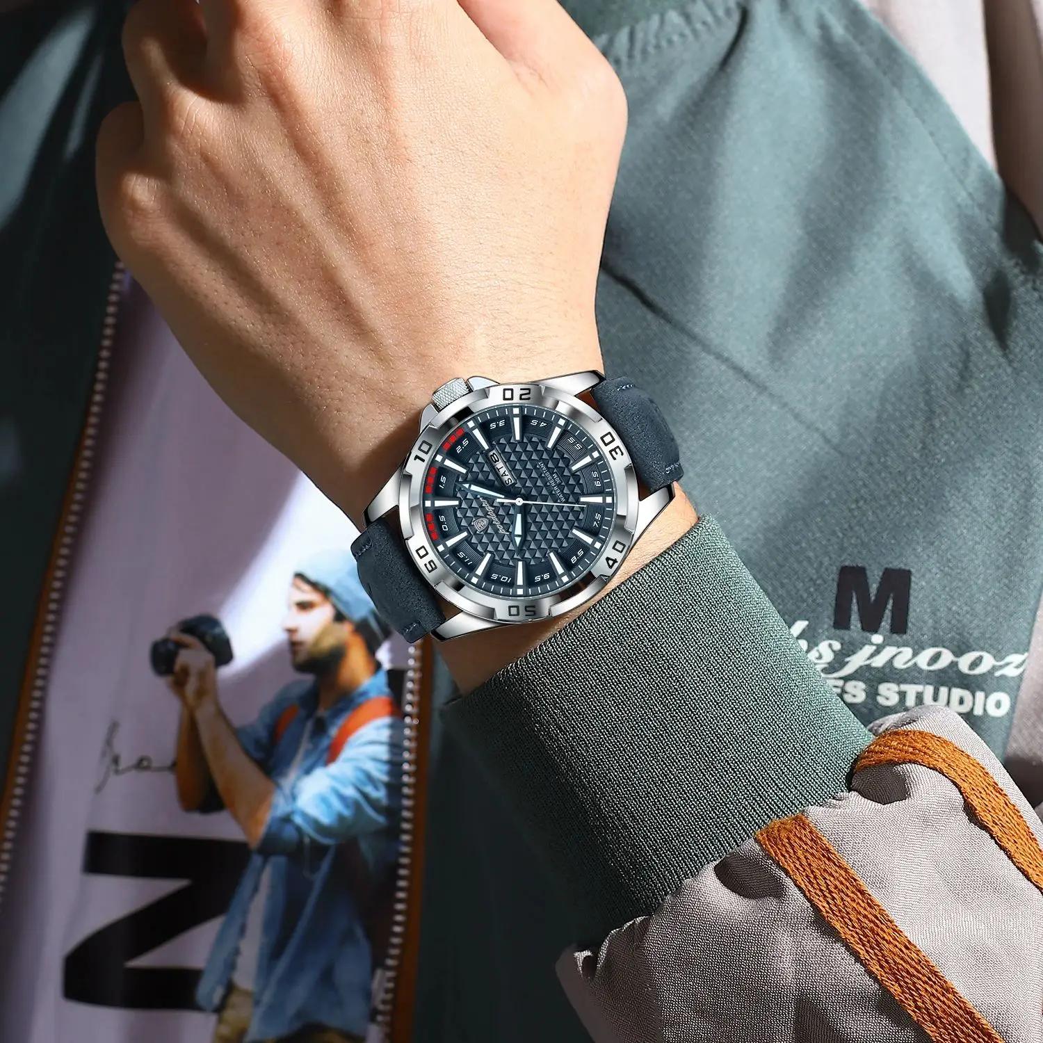 POEDAGAR Original hommes montre de luxe étanche lumineux Date semaine montre pour homme Quartz cuir