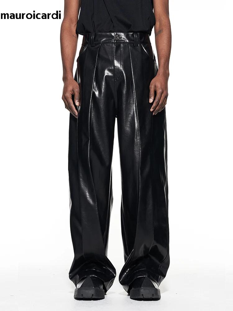 Mauroicardi-Pantalon Long en Cuir PU pour Homme, Baggy Décontracté, Noir Brcorporelle, Moulé, Verni,