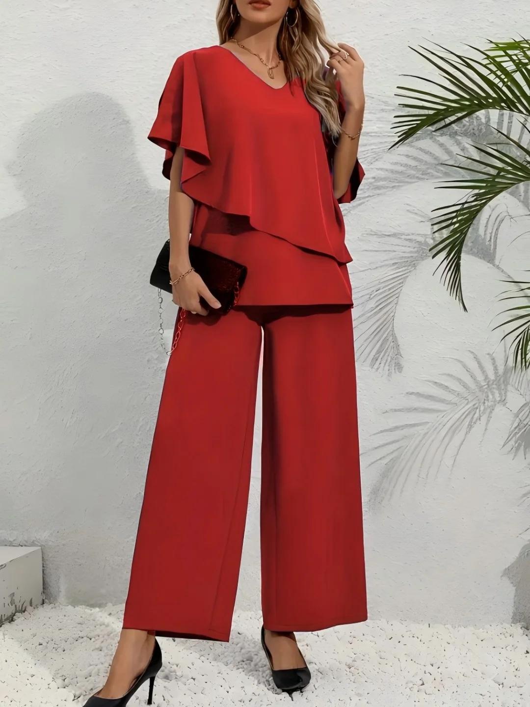 Ensemble 2 pièces pour femmes grandes tailles - Haut à manches bouffantes multicolores à col en V +