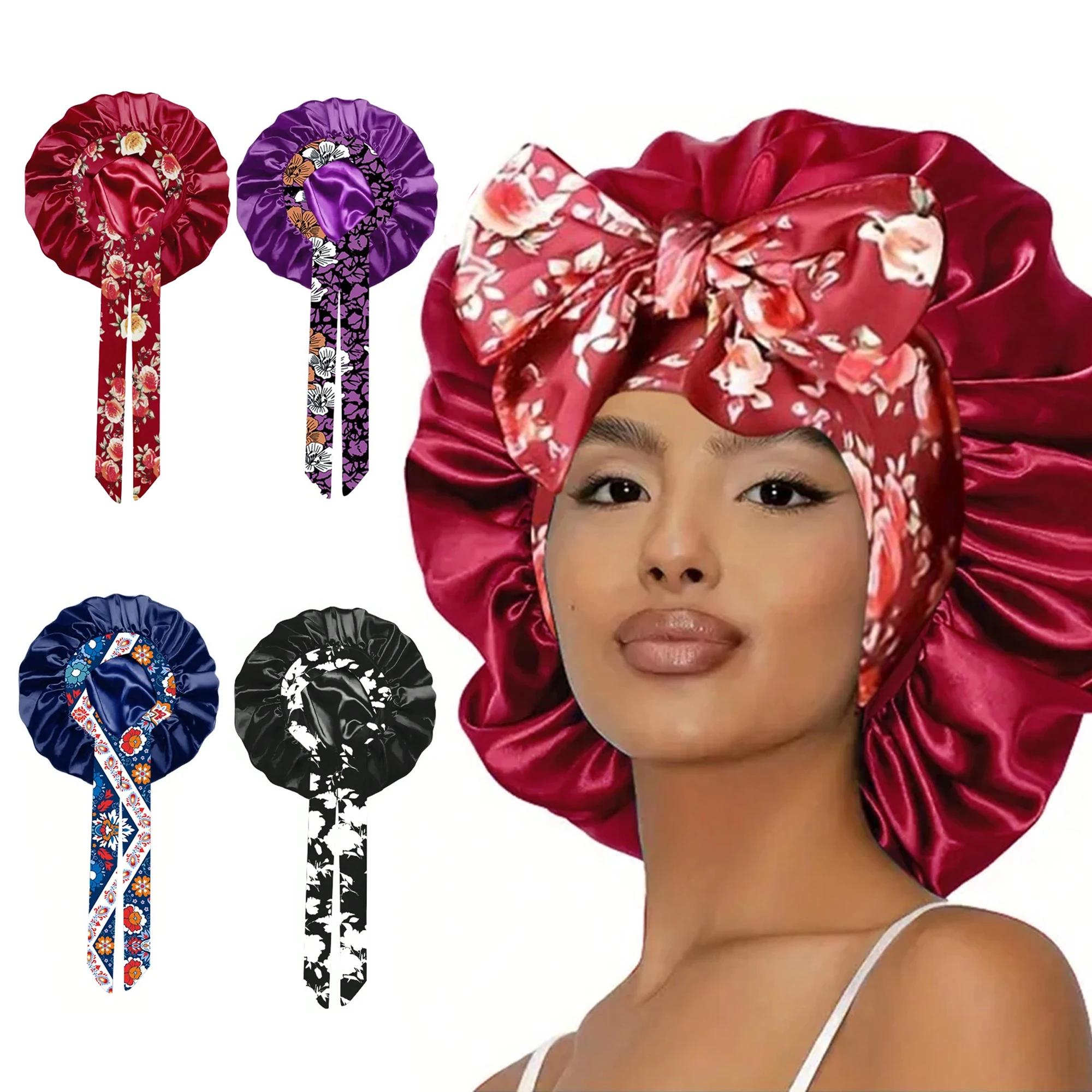 Chapeau en soie avec nœud pour femmes, grand Bonnet de soins pour cheveux longs et bouclés, Double c