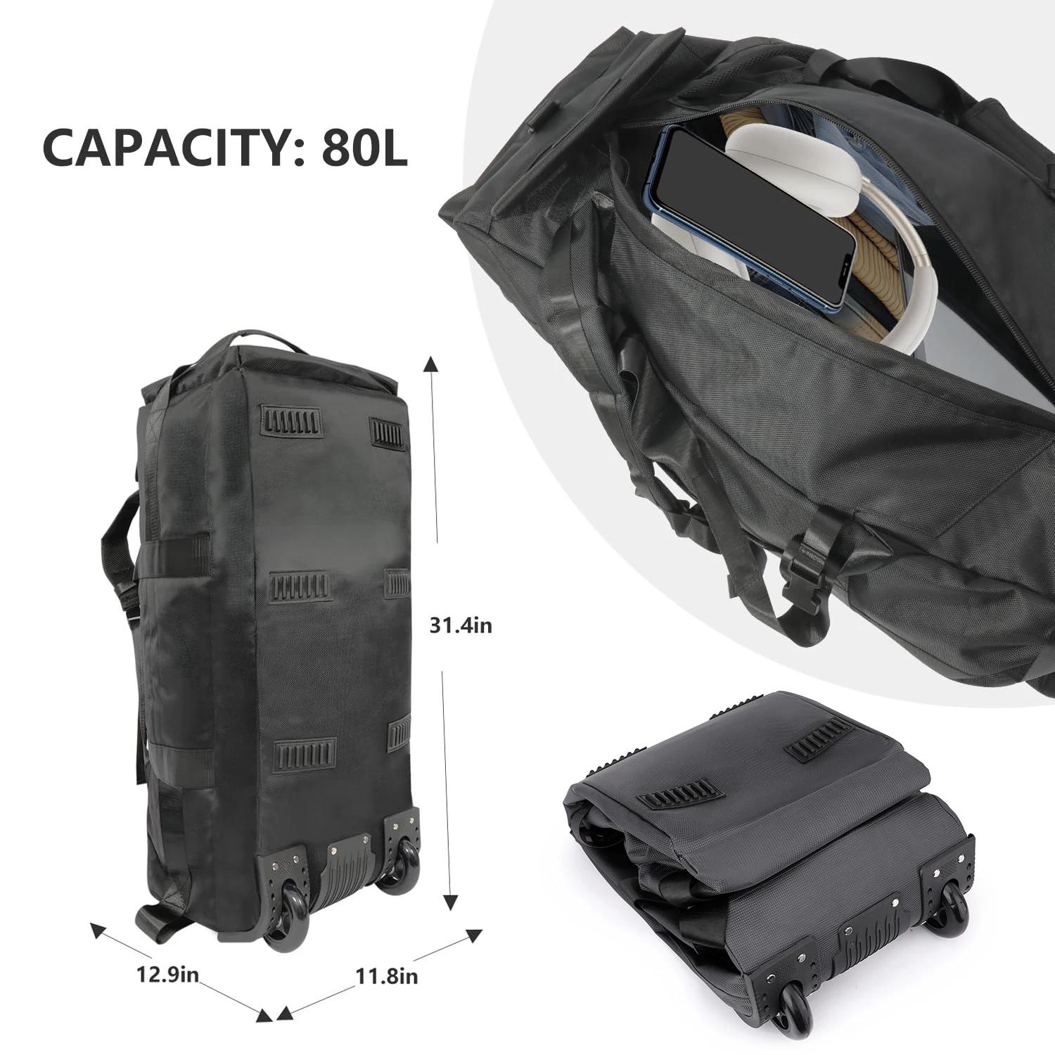 Sac de sport roulant 80L avec roulettes Sac de voyage pliable robuste de 31 pouces Bagage à roulette