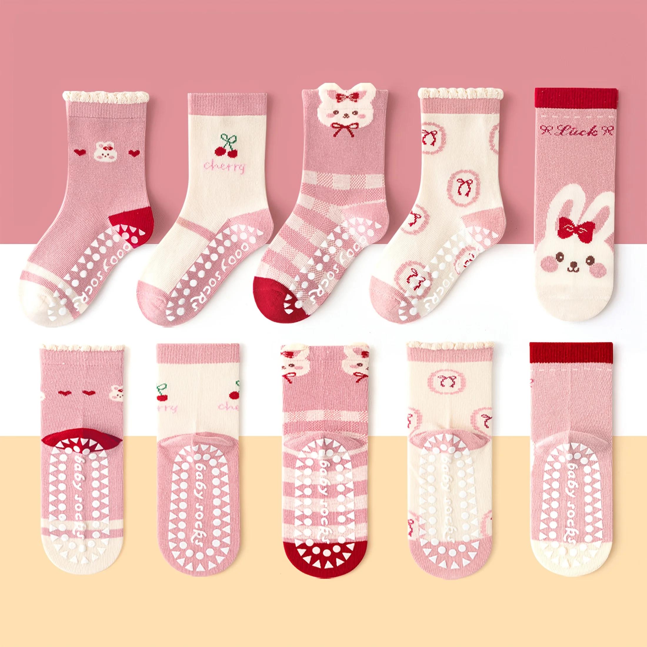 Lot de 5 chaussettes de sol pour enfants avec nœud rose et motif lapin, chaussettes d'intérieur anti