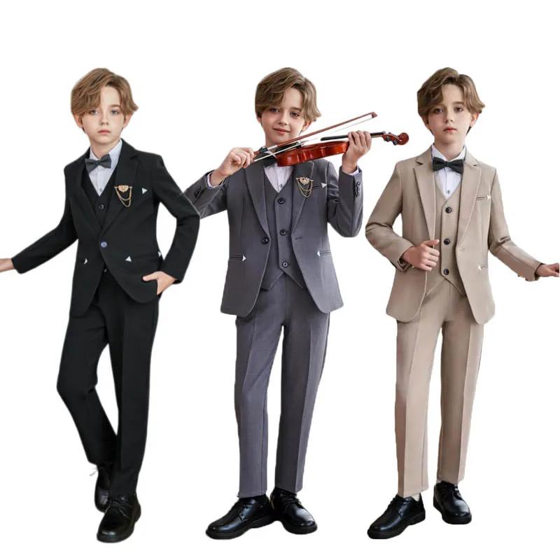 Ensemble de 5 pièces pour enfants (90-170 cm) : Veste, gilet, pantalon, nœud papillon et broche – Co