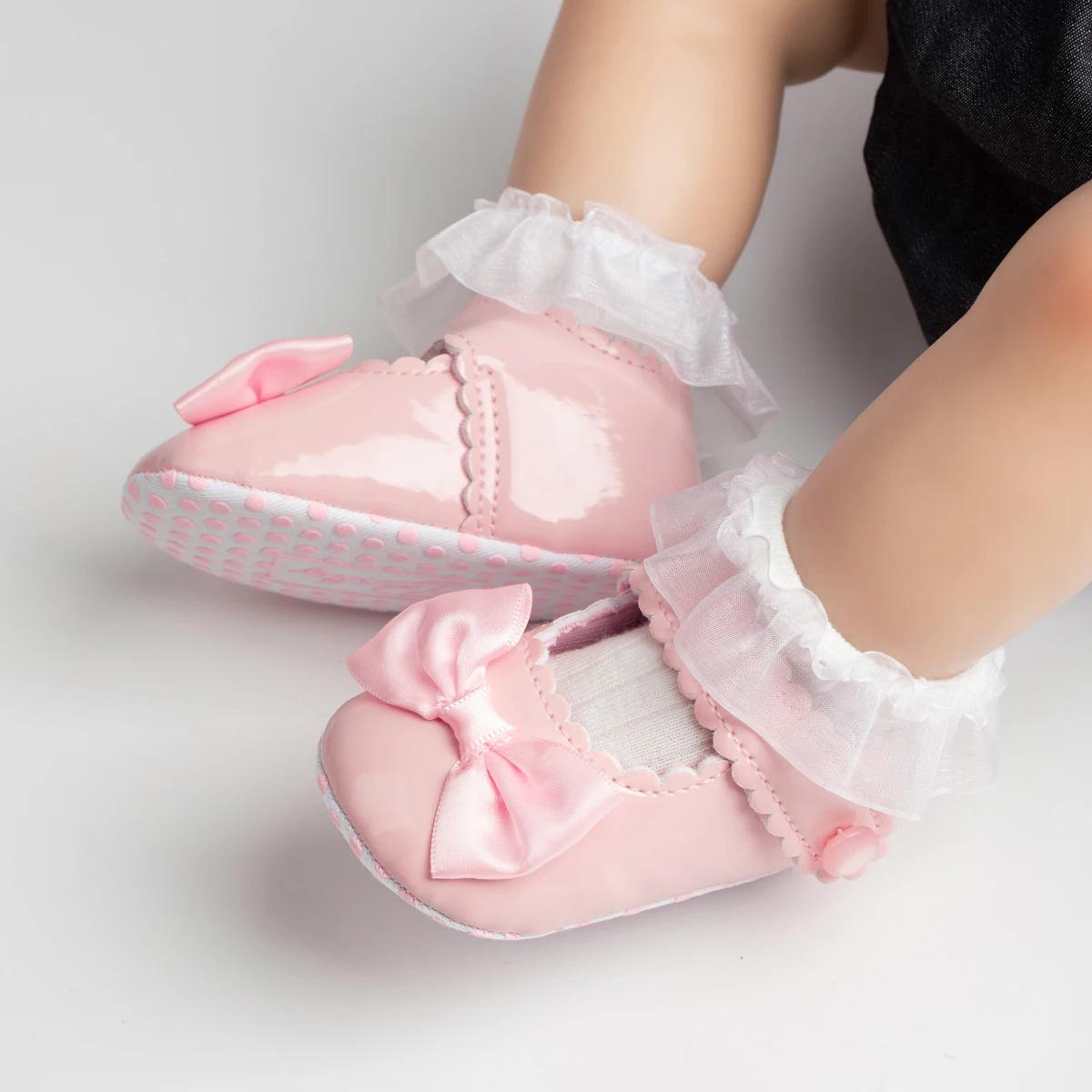 Meckior classique en cuir PU fille bébé chaussures nœud princesse plat antidérapant coton bas marche