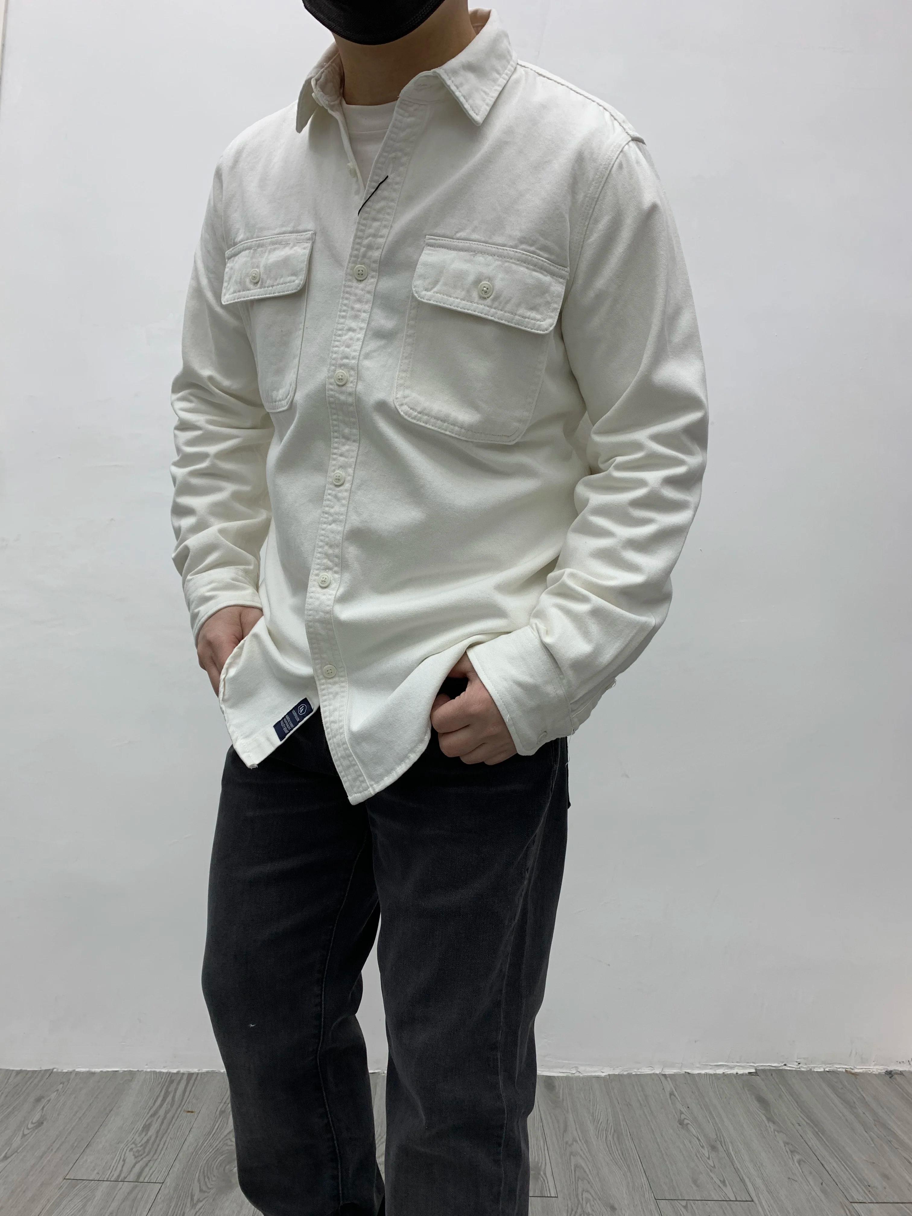 Automne nouveau japonais rétro lourd sergé à manches longues col rabattu 100% coton chemise hommes m