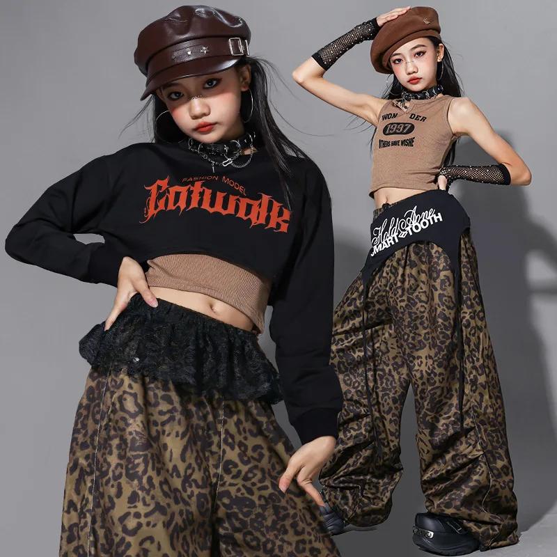 Vêtements de danse jazz pour enfants, tenue de scène Kpop pour filles, pantalon léopard, haut court