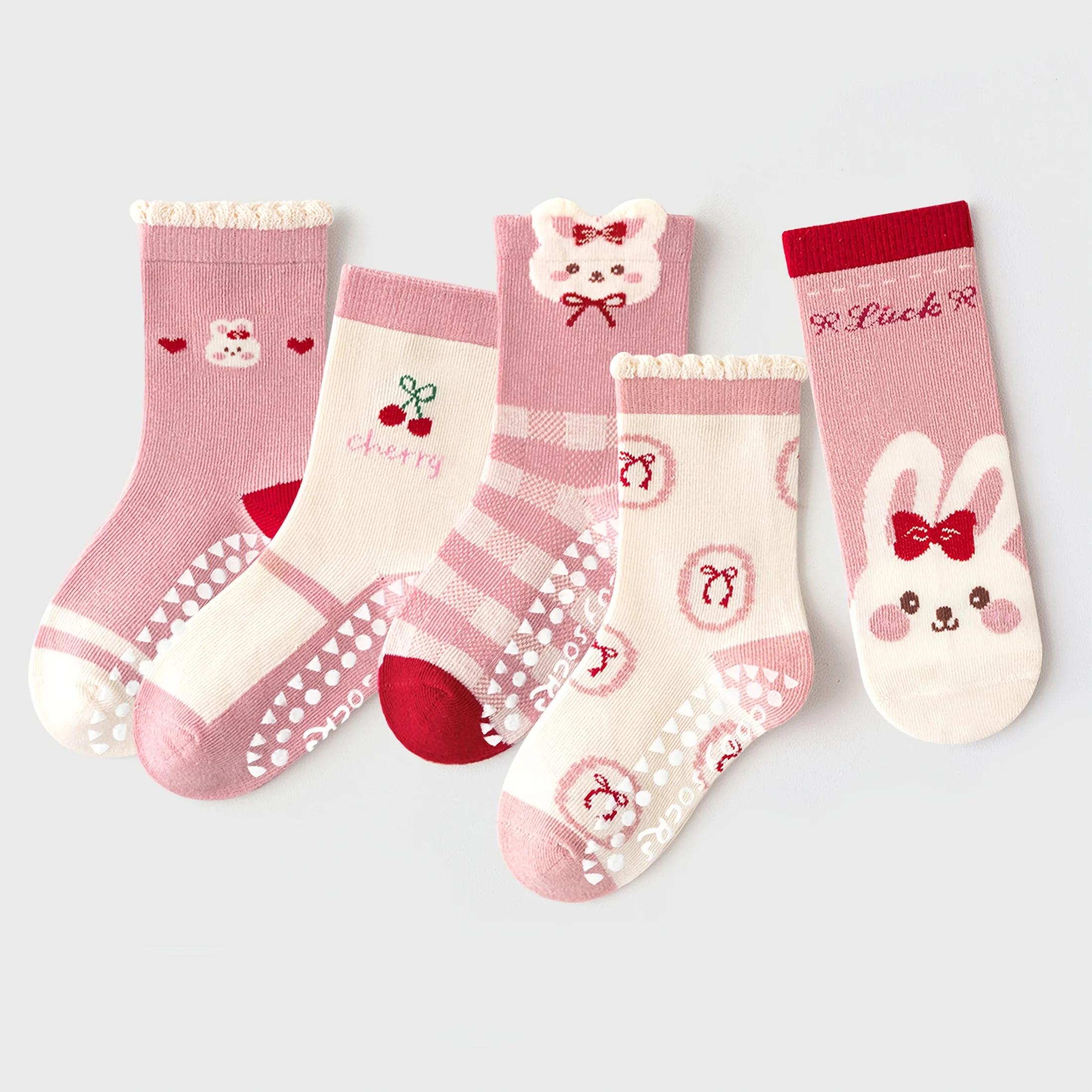 Lot de 5 chaussettes de sol pour enfants avec nœud rose et motif lapin, chaussettes d'intérieur anti