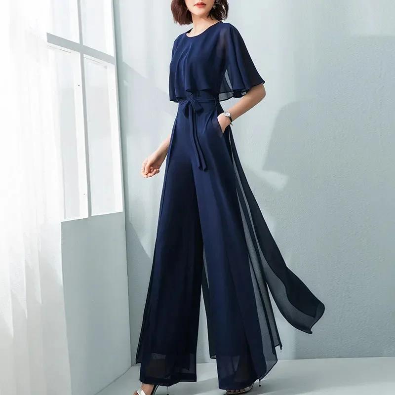 Combinaison longue en mousseline de soie pour femmes, manches feuille de Lotus, ensemble à jambes la