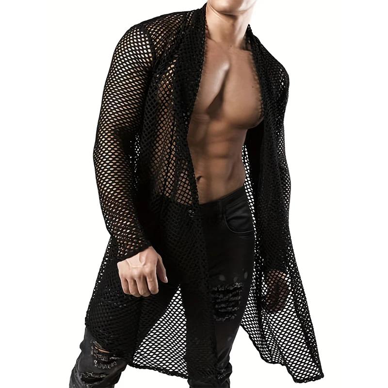 Hommes Sexy évider Long Cardigan grille chemises Streetwear mode Perspective à manches longues coule