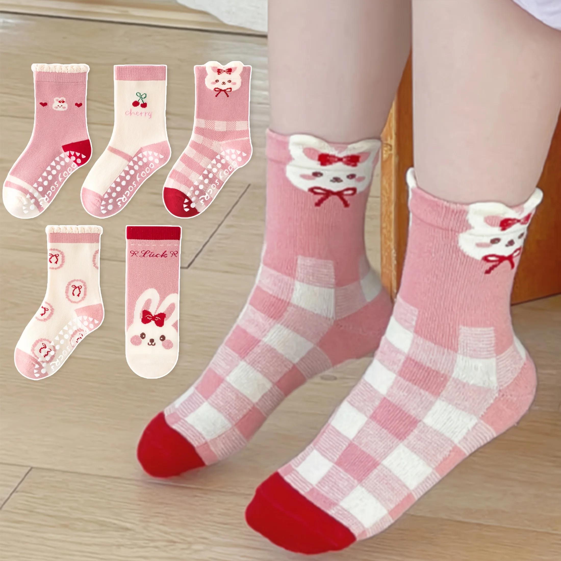 Lot de 5 chaussettes de sol pour enfants avec nœud rose et motif lapin, chaussettes d'intérieur anti