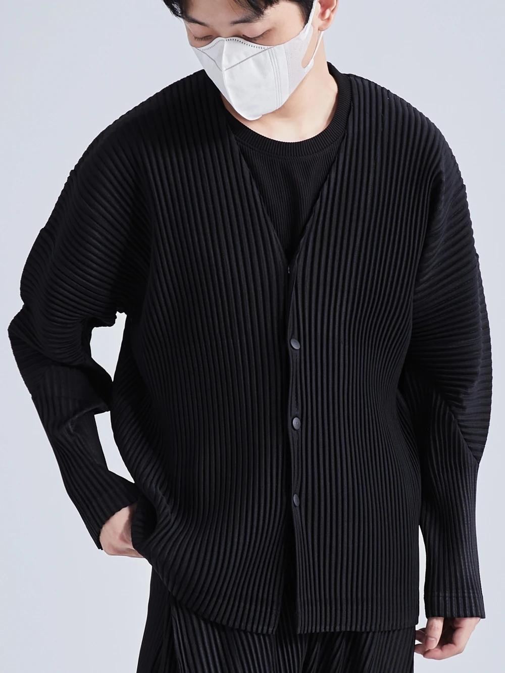 Ata Yake-Veste plissée à col en V pour homme, manteau sans col, simple boutonnage, manches longues,
