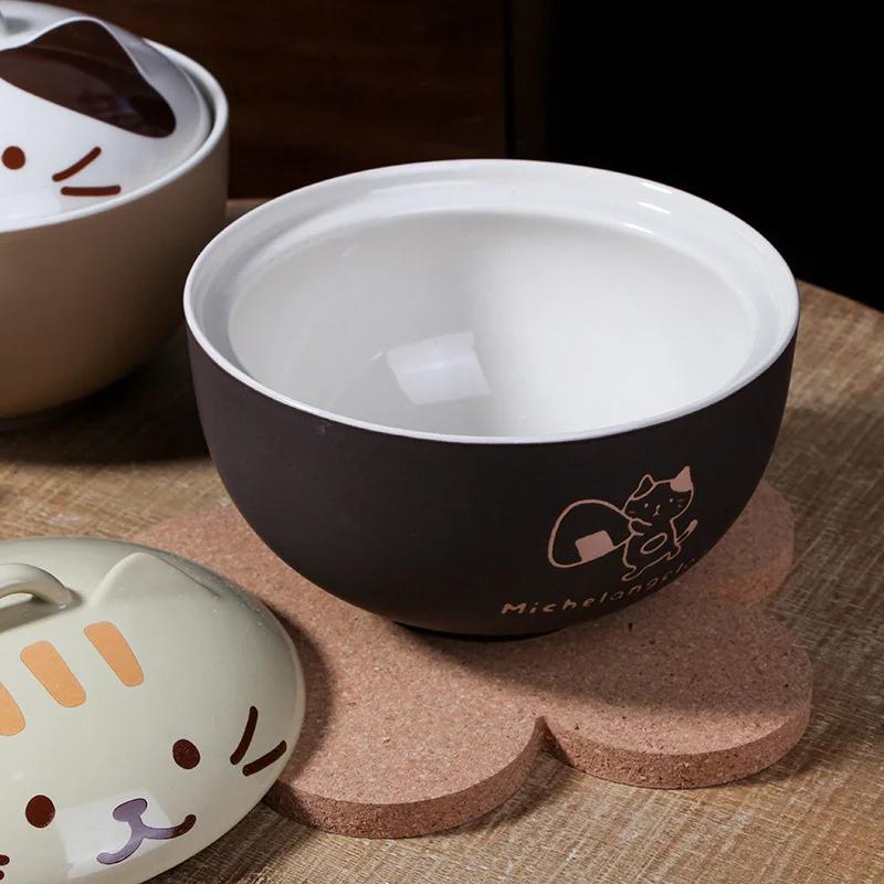 Bol à nouilles instantanées en céramique YWDL 550 ml avec couvercle, motif chat de dessin animé, cou