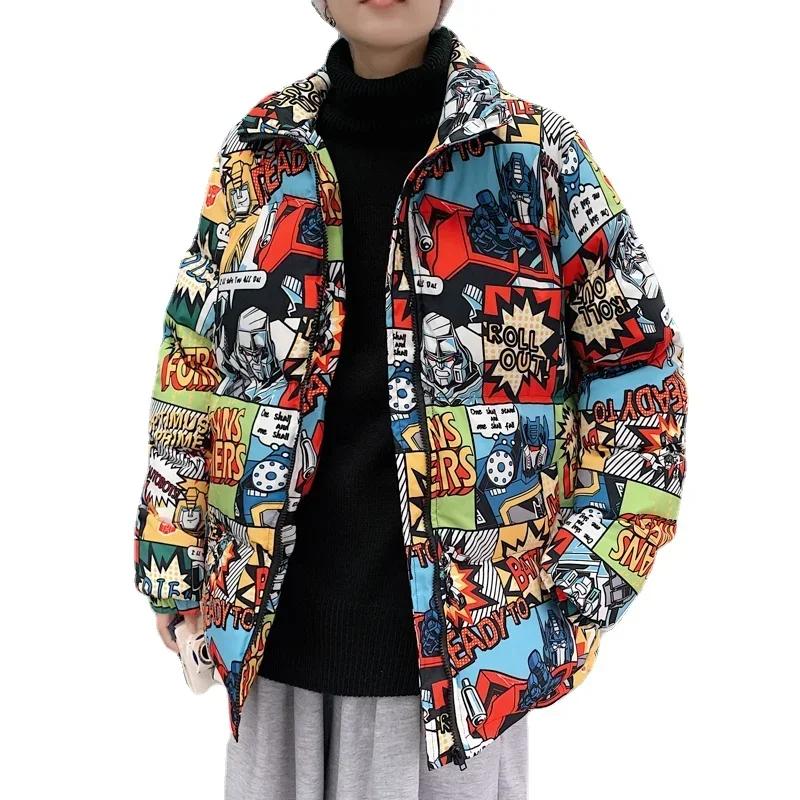 Hip Hop Graffiti dessin animé imprimé Parkas manteaux hommes Streetwear Harajuku hommes hiver épais