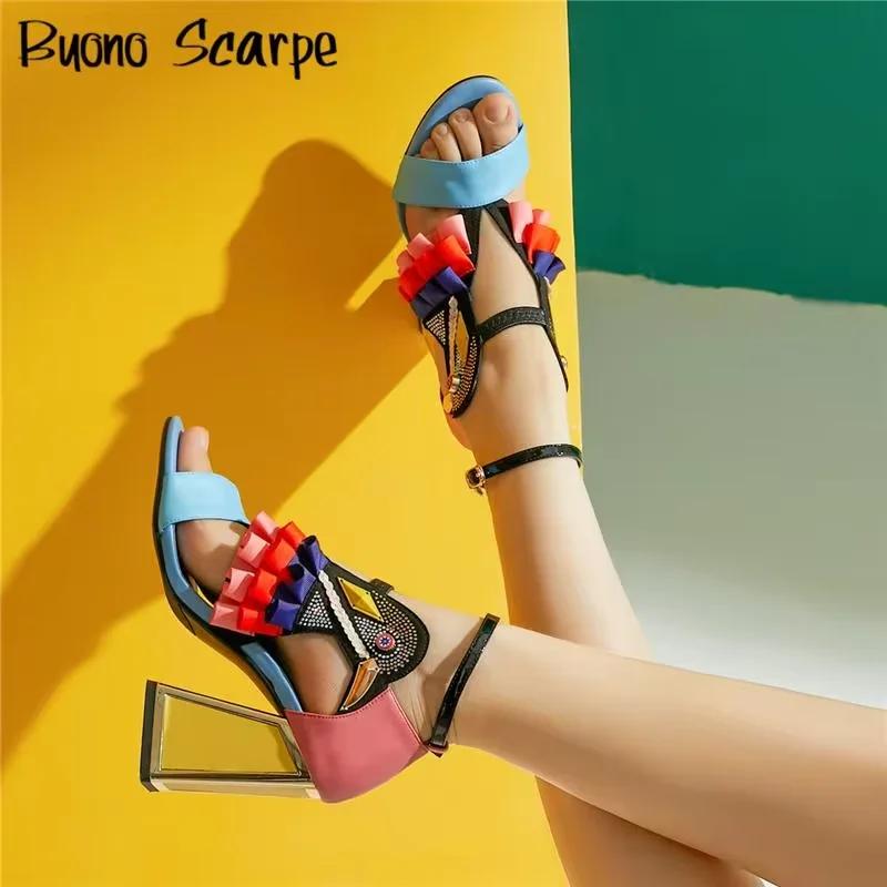 Sandales à Talons Épais et Strass pour Femme, Chaussures d'Été Assorties avec Ceinture, Nouvelle Col