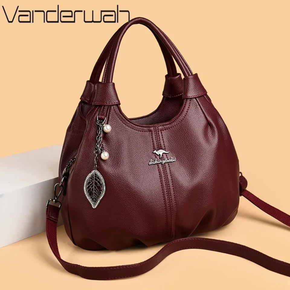 Sac à main hobo en cuir de litchi souple, sac à bandoulière 3 couches avec pendentif feuille de perl