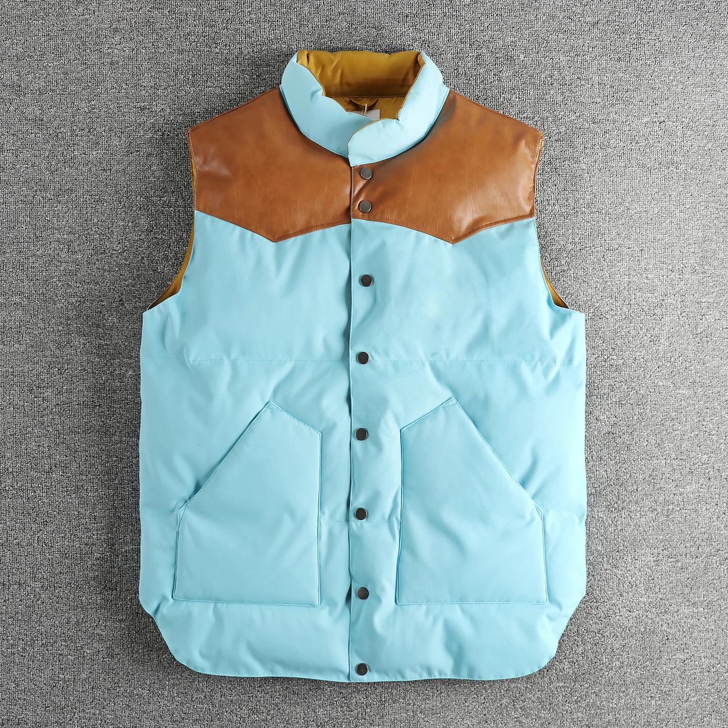 Gilet sans manches en laine de soie pour hommes, gilet épissé en PU, haut léger et chaud, tendance r