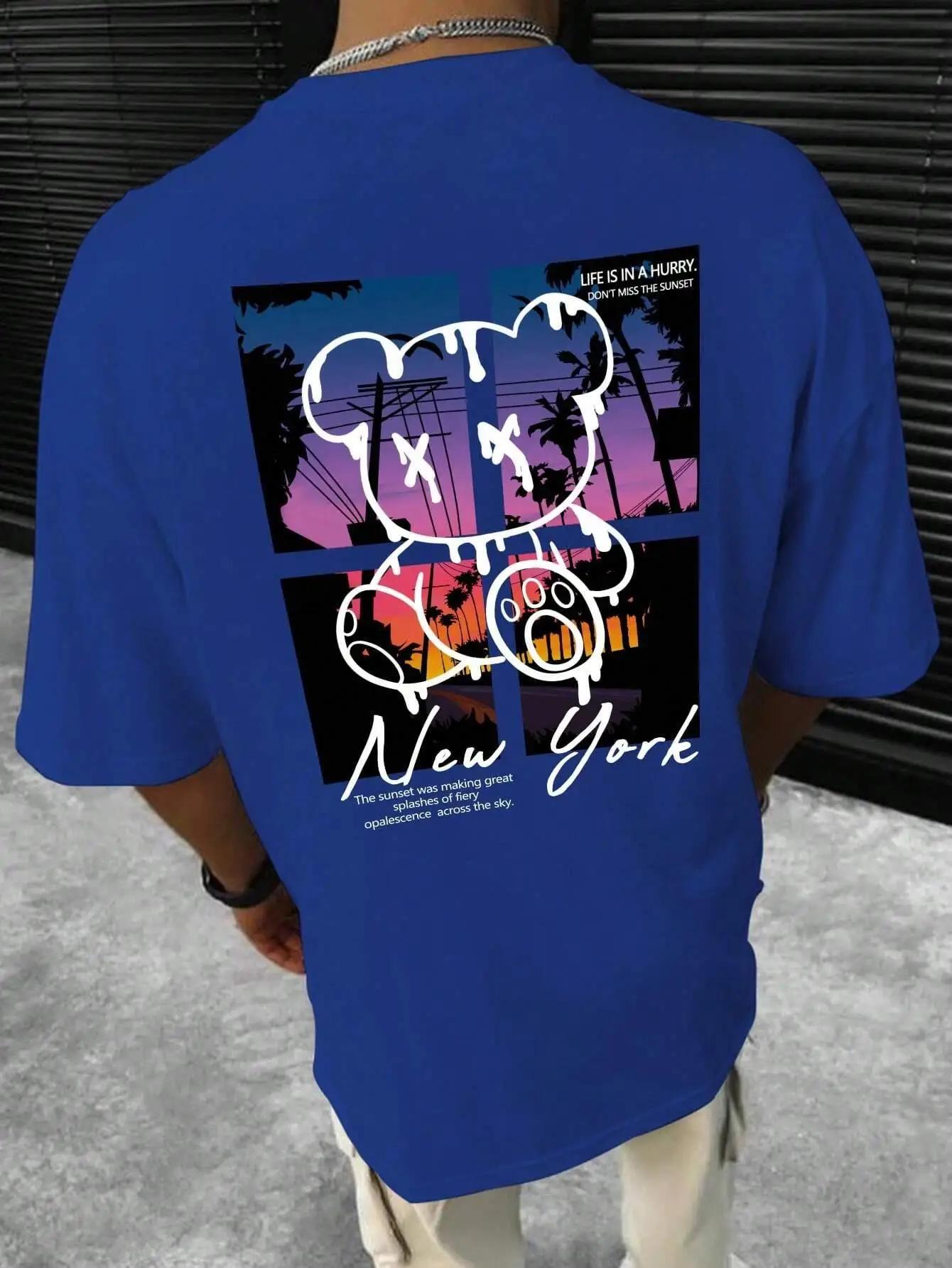 New York Art mot dessin animé ours coucher de soleil paysage conception t-shirts hommes mode coton c