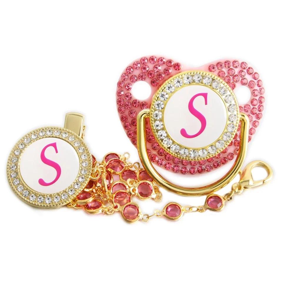 Sucette bébé rose 26 lettres initiales avec clip chaîne diamant