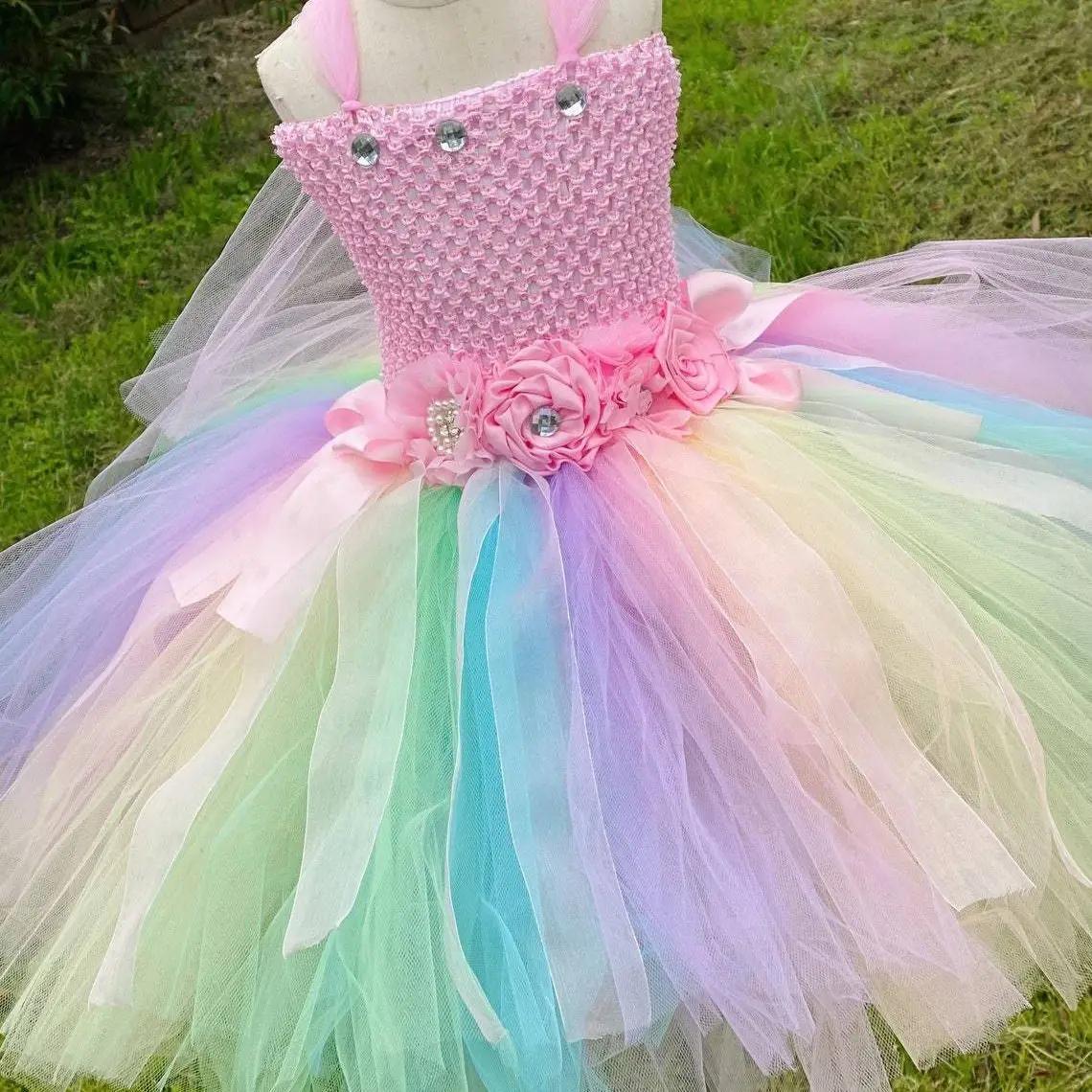 Robe de fée papillon Pastel pour filles, Tutu à fleurs avec aile et bâton, tenue avec nœud de cheveu