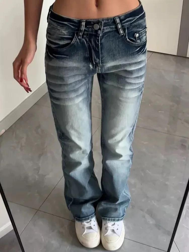 Jean Micro Flare Y2K Femme Taille Mi-Haute Lavé Coupe Slim Droite Étroite Style Spicy Girl Automne