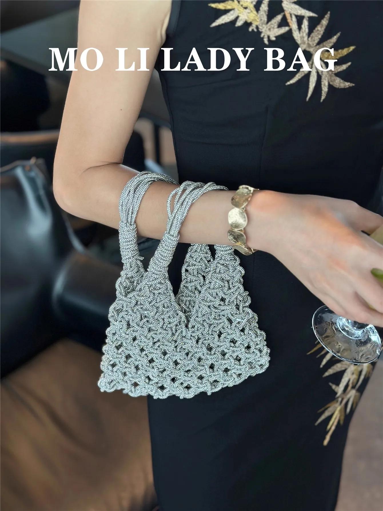 Sac seau de luxe tissé à la main avec corde à paillettes pour femmes, sac à main en diamant, pochett