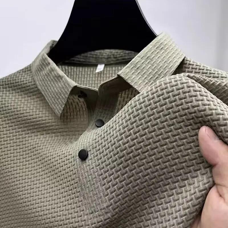 Nouveau T-shirt Polo d'été pour homme à manches courtes ajouré en soie glacée respirante, style prof