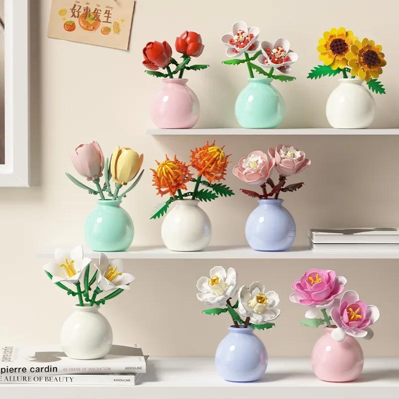 Blocs de construction pot plante bouquet de fleurs, roses, blocs de construction de lys, jouets avec