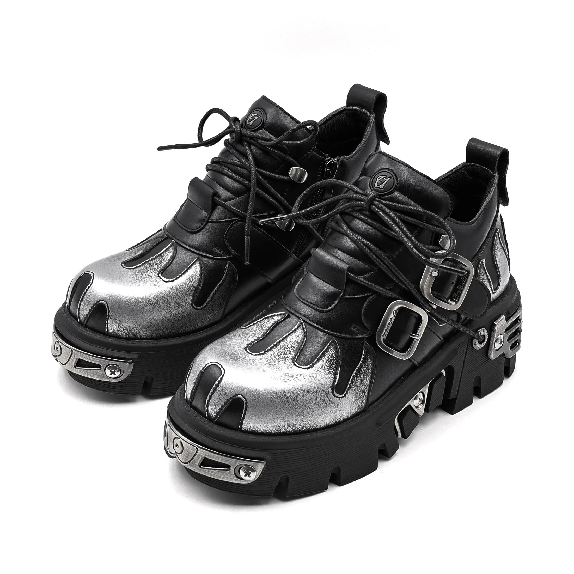 Chaussures de Couple Rock Vintage pour hommes et femmes, bottes rétro en cuir Punk foncé, Design de