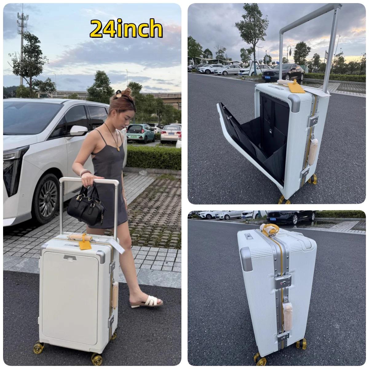 Valise à roulettes de poche à ouverture avant, cadre en aluminium, valise à roulettes à poignée larg