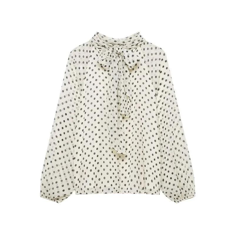 Chemisier élégant à pois pour femme, chemise en mousseline à col superposé et manches lanternes avec